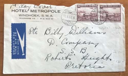 SOUTH WEST AFRICA LUGPOS 1937 WINDHOEK FDC to ROBERTS HEIGHTS MILITARY BASE PRETORIA ARMY SADF TRAIN