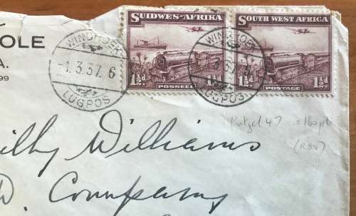 SOUTH WEST AFRICA LUGPOS 1937 WINDHOEK FDC to ROBERTS HEIGHTS MILITARY BASE PRETORIA ARMY SADF TRAIN