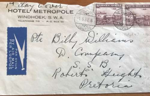 SOUTH WEST AFRICA LUGPOS 1937 WINDHOEK FDC to ROBERTS HEIGHTS MILITARY BASE PRETORIA ARMY SADF TRAIN