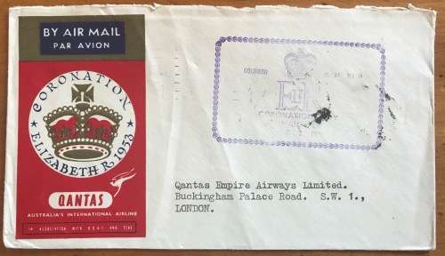 ELIZABETH II 1953 CORONATION QUANTAS AUSTRALIA AIRMAIL COVER COLOMBO CEYLON to LONDON ENGLAND FDC.