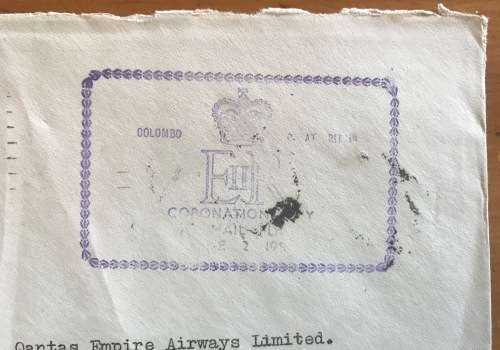 ELIZABETH II 1953 CORONATION QUANTAS AUSTRALIA AIRMAIL COVER COLOMBO CEYLON to LONDON ENGLAND FDC.