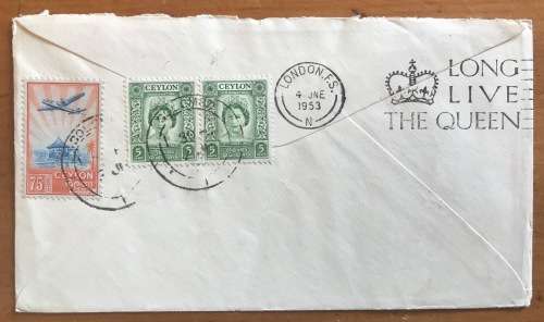 ELIZABETH II 1953 CORONATION QUANTAS AUSTRALIA AIRMAIL COVER COLOMBO CEYLON to LONDON ENGLAND FDC.