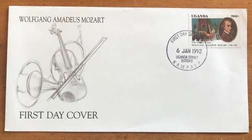 UGANDA FDC 1992 WOLFGANG AMADEUS MOZART 1756-91 THE MAGIC FLUTE KAMPALA UGANDA STAMP BUREAU VIOLIN.