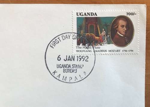 UGANDA FDC 1992 WOLFGANG AMADEUS MOZART 1756-91 THE MAGIC FLUTE KAMPALA UGANDA STAMP BUREAU VIOLIN.