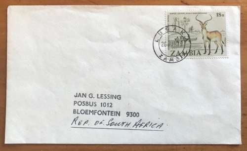 ZAMBIA LETTER from LUSAKA to BLOEMFONTEIN SOUTH AFRICA 26 JUNE 1979 KAPUE LECHWE ANTELOPE BOAT RIVER