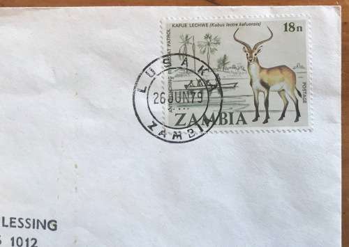 ZAMBIA LETTER from LUSAKA to BLOEMFONTEIN SOUTH AFRICA 26 JUNE 1979 KAPUE LECHWE ANTELOPE BOAT RIVER
