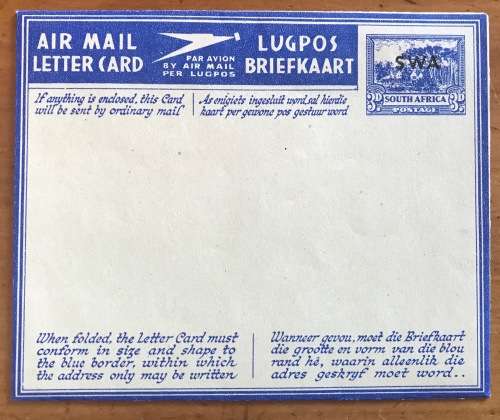 SOUTH WEST AFRICA SWA AIR MAIL LETTER CARD 3d OVERPRINTED 1946 Groote Schuur Military.
