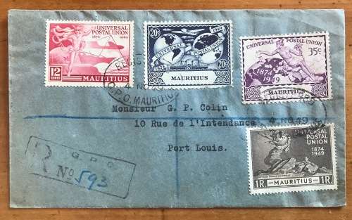 MAURITIUS UPU REGISTERED MAIL LOCALLY POSTED and DELIVERED 4 NOVEMBER 1949 NICE ITEM!!!