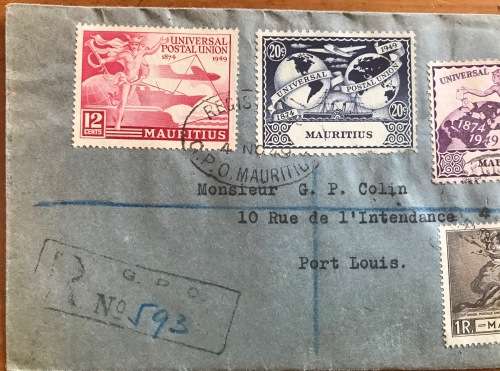 MAURITIUS UPU REGISTERED MAIL LOCALLY POSTED and DELIVERED 4 NOVEMBER 1949 NICE ITEM!!!