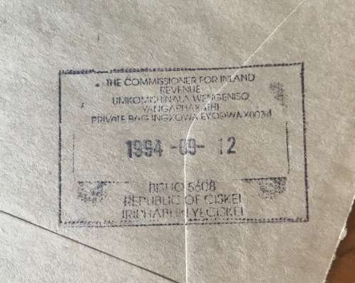 OFFICIAL EYOBURHULUMENTE MAIL REPUBLIC of CISKEI COMMISSIONER FOR INLAND REVENUE CACHET 1994 BISHO.