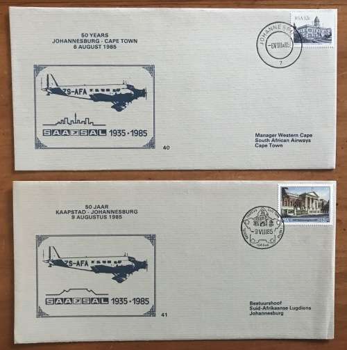 SAA SAL SOUTH AFRICAN AIRWAYS SUID-AFRIKAANSE LUGDIENS 1985 FDC 40+4150 Yrs CAPE TOWN-JOHANNESBURG