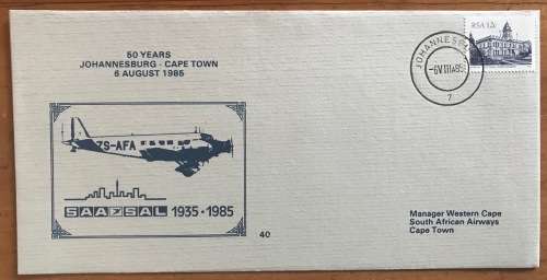 SAA SAL SOUTH AFRICAN AIRWAYS SUID-AFRIKAANSE LUGDIENS 1985 FDC 40+4150 Yrs CAPE TOWN-JOHANNESBURG