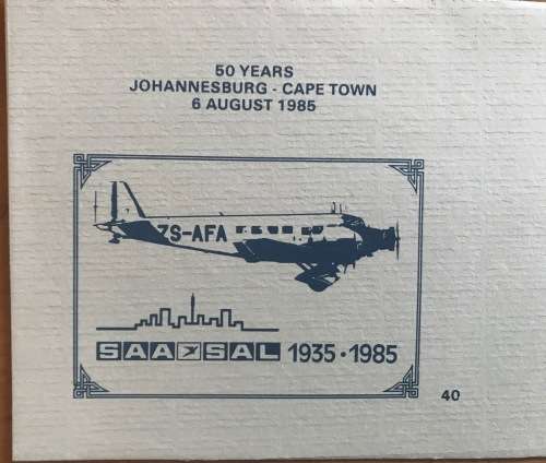 SAA SAL SOUTH AFRICAN AIRWAYS SUID-AFRIKAANSE LUGDIENS 1985 FDC 40+4150 Yrs CAPE TOWN-JOHANNESBURG