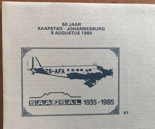 SAA SAL SOUTH AFRICAN AIRWAYS SUID-AFRIKAANSE LUGDIENS 1985 FDC 40+4150 Yrs CAPE TOWN-JOHANNESBURG