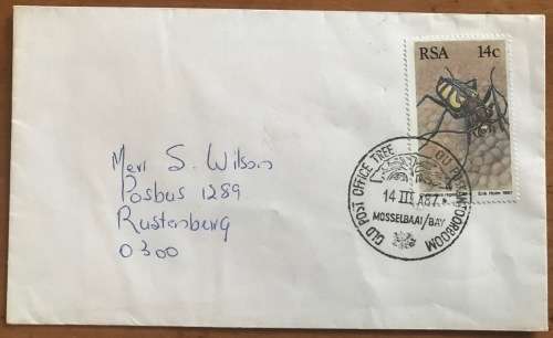 SOUTH AFRICA OLD POST OFFICE TREE SPECIAL DATE STAMP MOSSEL BAY 14.3.1987 INSECT TIGER BEETLE.
