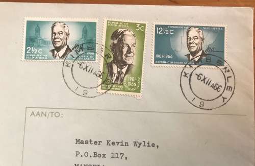SOUTH AFRICA FDC No. 4 6.12.1966 HENDRIK VERWOERD COMMEMORATION KIMBERLEY cds to MANGULA RHODESIA.