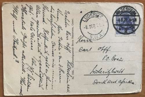 POSTCARD GERMANY to SOUTH WEST AFRICA HILDESHEIM to LUDERITZ 1921 PUTZEL B15 `V` SCARCE CANCEL!!!!