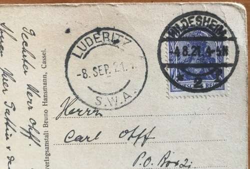 POSTCARD GERMANY to SOUTH WEST AFRICA HILDESHEIM to LUDERITZ 1921 PUTZEL B15 `V` SCARCE CANCEL!!!!