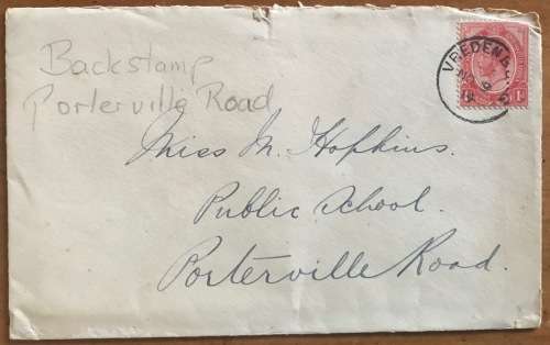 UNION of SOUTH AFRICA LETTER 1d KGV VREDENBURG to PORTERVILLE ROAD CAPE PROVINCE 1914 PUTZEL No. 1.