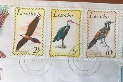 LESOTHO FDC BIRDS 1971 IBIS KORHAAN WOODPECKER SNIPE BUNTING LAMMERGEIER ROCK JUMPER.