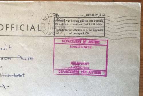 OFFICIAL AMPTELIK MAIL REPUBLIC of SOUTH AFRICA DEPARTMENT OF JUSTICE MAGISTRATE NELSPRUIT 1985