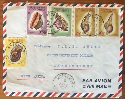 COMORES RARE AIRMAIL LETTER to PROFESSOR J.L.B SMITH RHODES UNIVERSITY GRAHAMSTOWN SOUTH AFRICA 1952