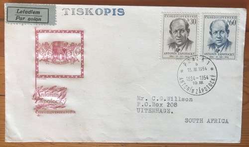 CZECHOSLOVAKIA CZECH REBUBLIC FDC AIRMAIL LETTER to  UITENHAGE SOUTH AFRICA 1954 ANTONIN ZAPOFOCKY.
