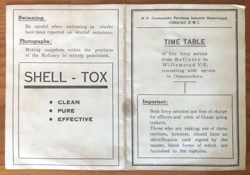 MARITIME DUTCH OIL Co. CURACAO SHELL-TOX TIME TABLE FREE FERRY SERVICE REFINERY to WILLEMSTAD SHIPS.