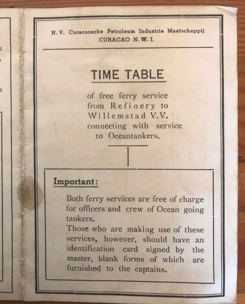 MARITIME DUTCH OIL Co. CURACAO SHELL-TOX TIME TABLE FREE FERRY SERVICE REFINERY to WILLEMSTAD SHIPS.