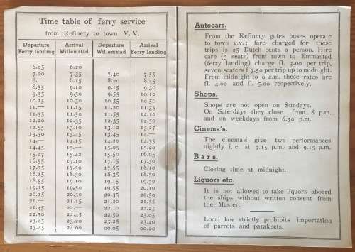 MARITIME DUTCH OIL Co. CURACAO SHELL-TOX TIME TABLE FREE FERRY SERVICE REFINERY to WILLEMSTAD SHIPS.