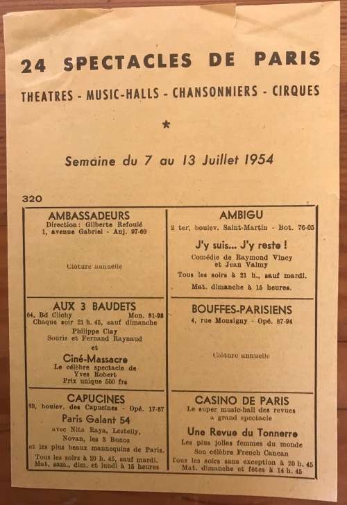 THEATRE PROGRAM FRANCE 24 SPECTACLES DE PARIS 1954 MUSIC HALLS CHANSONNIERS CIRQUES CHAMPAGNE.