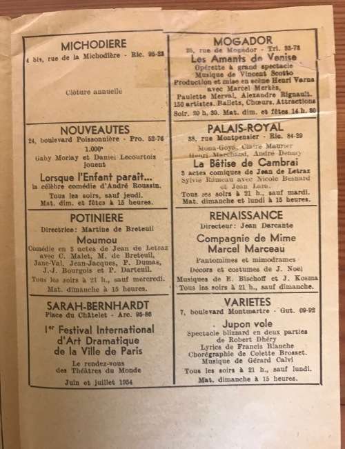 THEATRE PROGRAM FRANCE 24 SPECTACLES DE PARIS 1954 MUSIC HALLS CHANSONNIERS CIRQUES CHAMPAGNE.