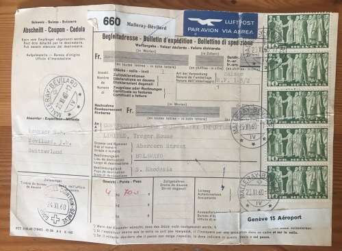SWITZERLAND to SOUTHERN RHODESIA DISPATCH BULLETIN 1960 AIRMAIL SG389 x1 SG390 x 5 SG413 x 1.