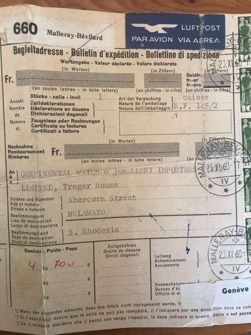 SWITZERLAND to SOUTHERN RHODESIA DISPATCH BULLETIN 1960 AIRMAIL SG389 x1 SG390 x 5 SG413 x 1.