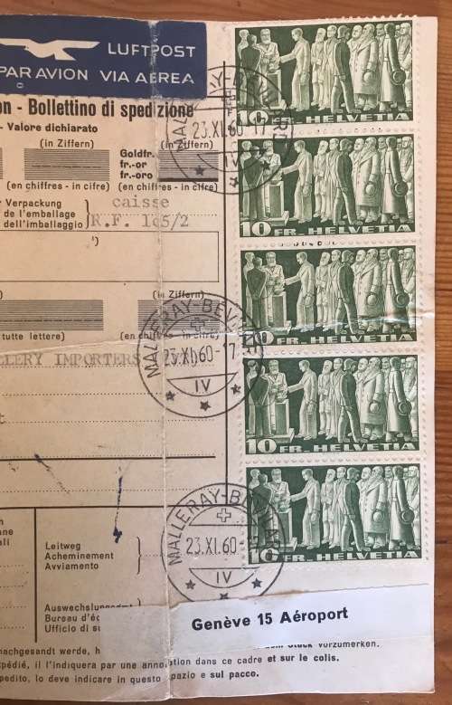 SWITZERLAND to SOUTHERN RHODESIA DISPATCH BULLETIN 1960 AIRMAIL SG389 x1 SG390 x 5 SG413 x 1.