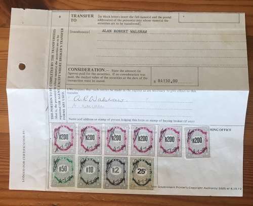 REVENUE STAMPS RSA R200 strip of 5 +1 R50 R10 R2 25c on PIECE TOTAL VALUE R1462.25 SOUTH AFRICA.