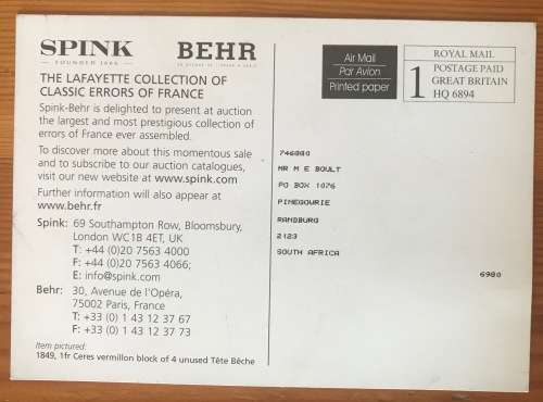 POSTCARD POST CARD SPINK LAFAYETTE COLLECTION AUCTION NOTIFICATION 2003.
