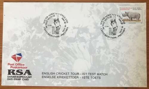 DATE STAMP CARD RSA POST OFFICE ENGLISH CRICKET TOUR S246 CENTURION PARK PRETORIA 16.11.1995 RHINO.