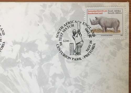 DATE STAMP CARD RSA POST OFFICE ENGLISH CRICKET TOUR S246 CENTURION PARK PRETORIA 16.11.1995 RHINO.