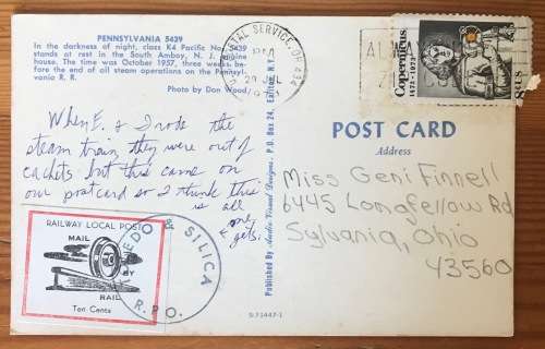 POSTCARD POST CARD USA RAILWAY LOCAL POST 10c MAIL by RAIL TOLEDO + SILICA R.P.O. 1978 TRAIN STEAM