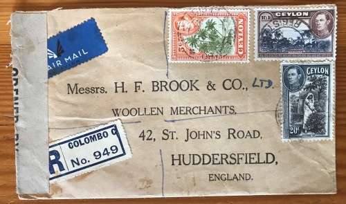CEYLON COLOMBO REGISTERED LETTER OPENED BY EXAMINER L/22 WWII 1944 to ENGLAND KGVI.