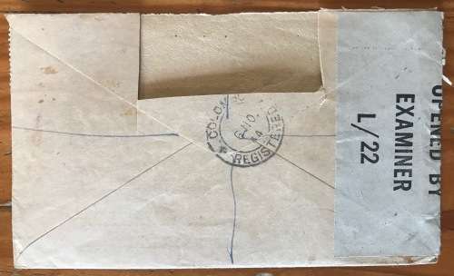 CEYLON COLOMBO REGISTERED LETTER OPENED BY EXAMINER L/22 WWII 1944 to ENGLAND KGVI.