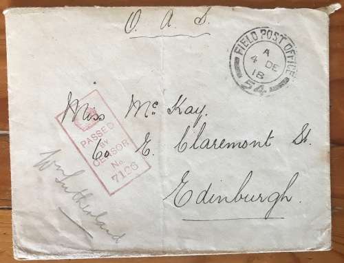 FIELD POST OFFICE 54 4 December 1918 PASSED BY CENSOR 7126 (in red with crown) to Edinburgh SCOTLAND