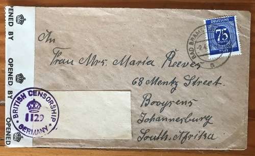BRITISH CENSORSHIP 1129 GERMANY to SOUTH AFRICA JOHANNESBURG 1947 OPENED BY EXAMINER 3971 WWII VG