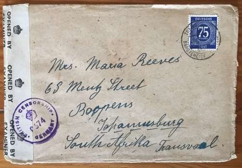 BRITISH CENSORSHIP 0674 GERMANY to SOUTH AFRICA JOHANNESBURG 1947 OPENED BY EXAMINER 9257 WWII.