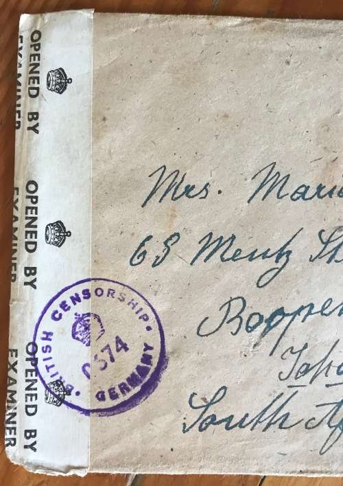 BRITISH CENSORSHIP 0674 GERMANY to SOUTH AFRICA JOHANNESBURG 1947 OPENED BY EXAMINER 9257 WWII.