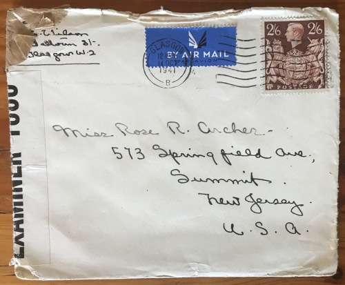 WWII CENSORED MAIL 1941 OPENED BY EXAMINER 1000 GLASGOW SCOTLAND to NEW JERSEY USA AIRMAIL LETTER.