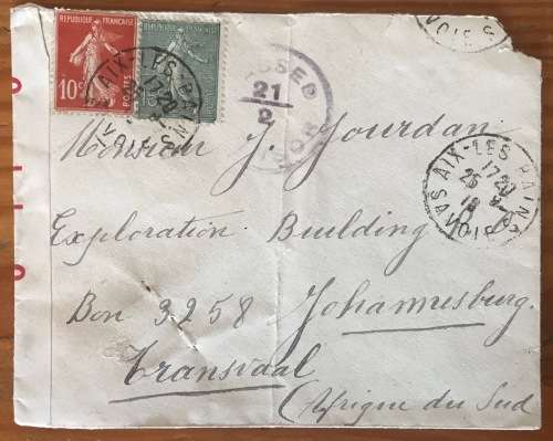 WWI CENSORED MAIL 1918 OPENED BY CENSOR 21 GEOPEND DOOR CENSOR SAVOIE FRANCE to JHB TRANSVAAL SA.