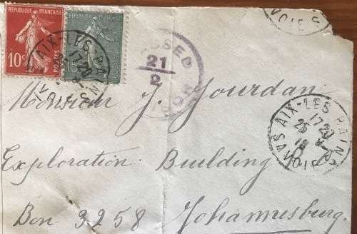 WWI CENSORED MAIL 1918 OPENED BY CENSOR 21 GEOPEND DOOR CENSOR SAVOIE FRANCE to JHB TRANSVAAL SA.