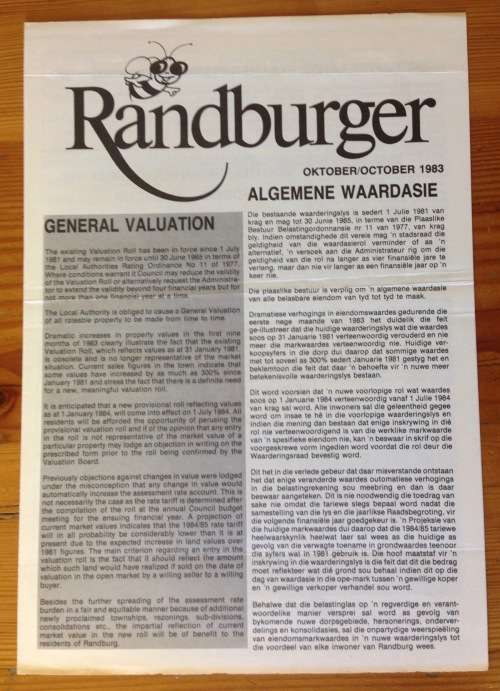 RANDBURGER OCTOBER 1983 ISSUED FREE BY TOWN COUNCIL of RANDBURG MUNICIPAL ACCOUNT 1983!!! HISTORY!!!
